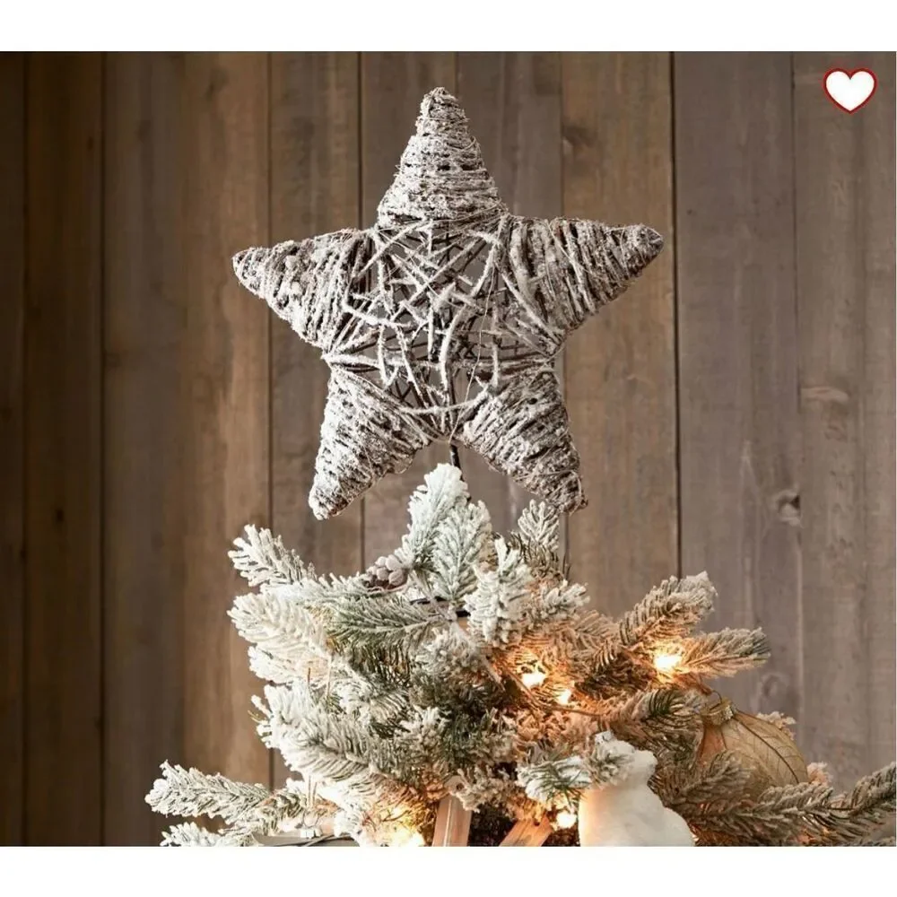 New Pottery Barn Light Up Snowy Star Handcrafted Rattan Tree Topper